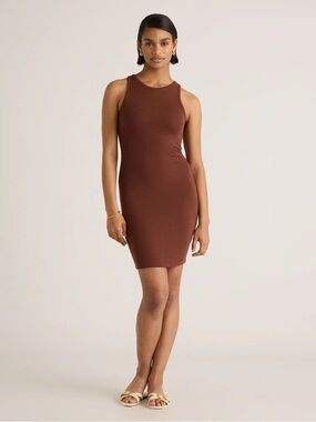 Quince Tencel Rib Knit Sleeveless Mini Dress NWT Women Medium Brown Minimalist
